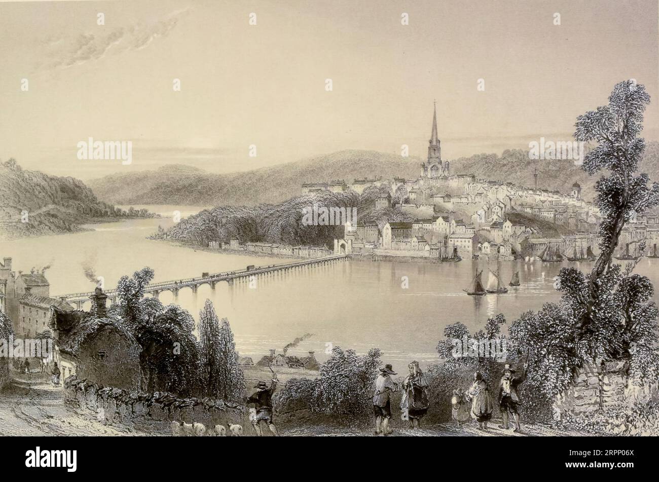 Londonderry The Scenery and Antiquities of Ireland von Bartlett, W. H. (William Henry), 1809-1854, Illustrator.Band 1. London: G. Virtue 1842 William Henry Bartlett (26. März 1809 – 13. September 1854) war ein britischer Künstler, der vor allem für seine zahlreichen Zeichnungen in Stahlstichen bekannt war. Stockfoto