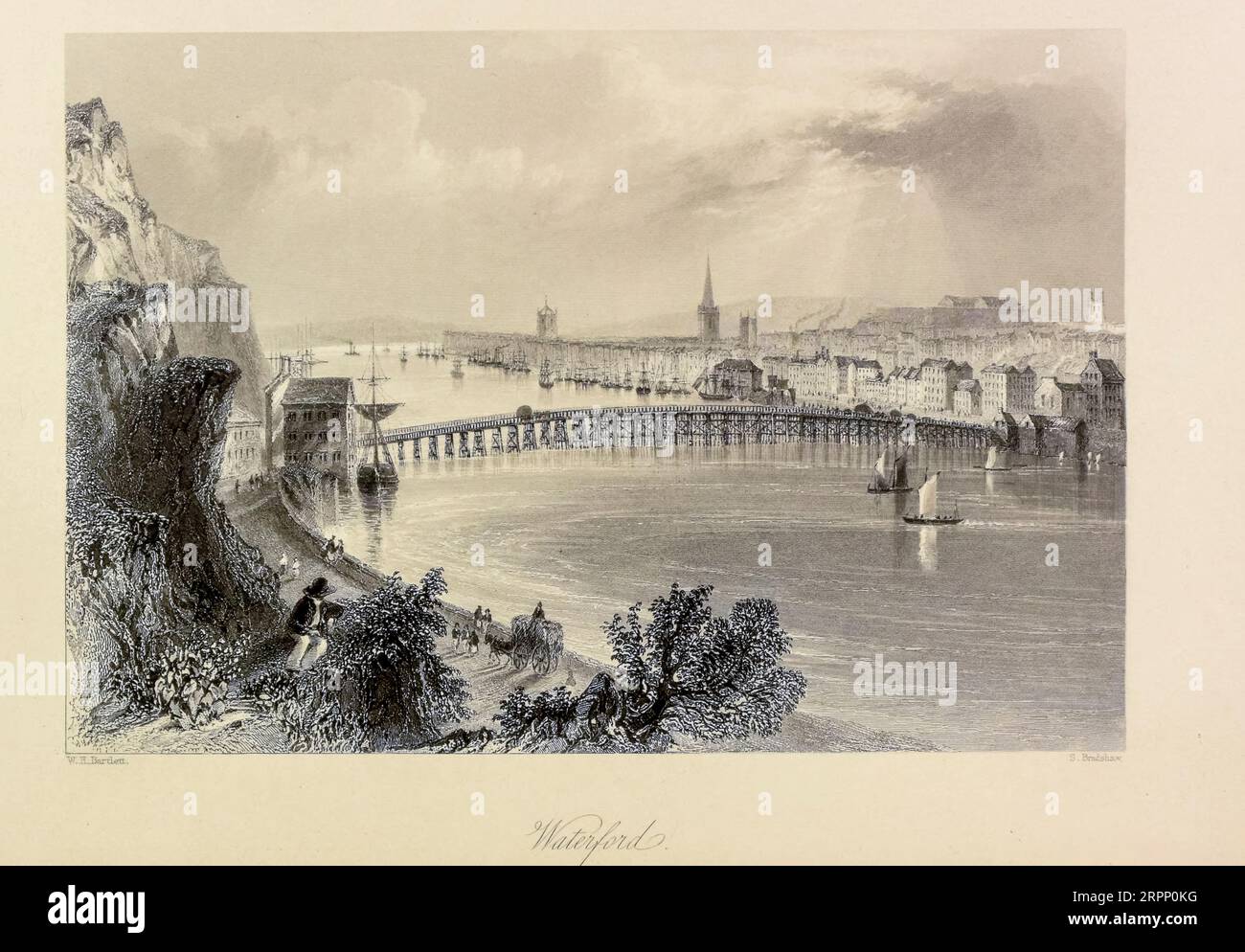 Waterford Steel-Kupferstich aus den Landschaften und Antiquitäten Irlands von Bartlett, W. H. (William Henry), 1809-1854, Illustrator.Band 2. London: George Virtue 1842 William Henry Bartlett (26. März 1809 – 13. September 1854) war ein britischer Künstler, der vor allem für seine zahlreichen Zeichnungen bekannt war, die in Stahlstiche geritzt wurden. Stockfoto