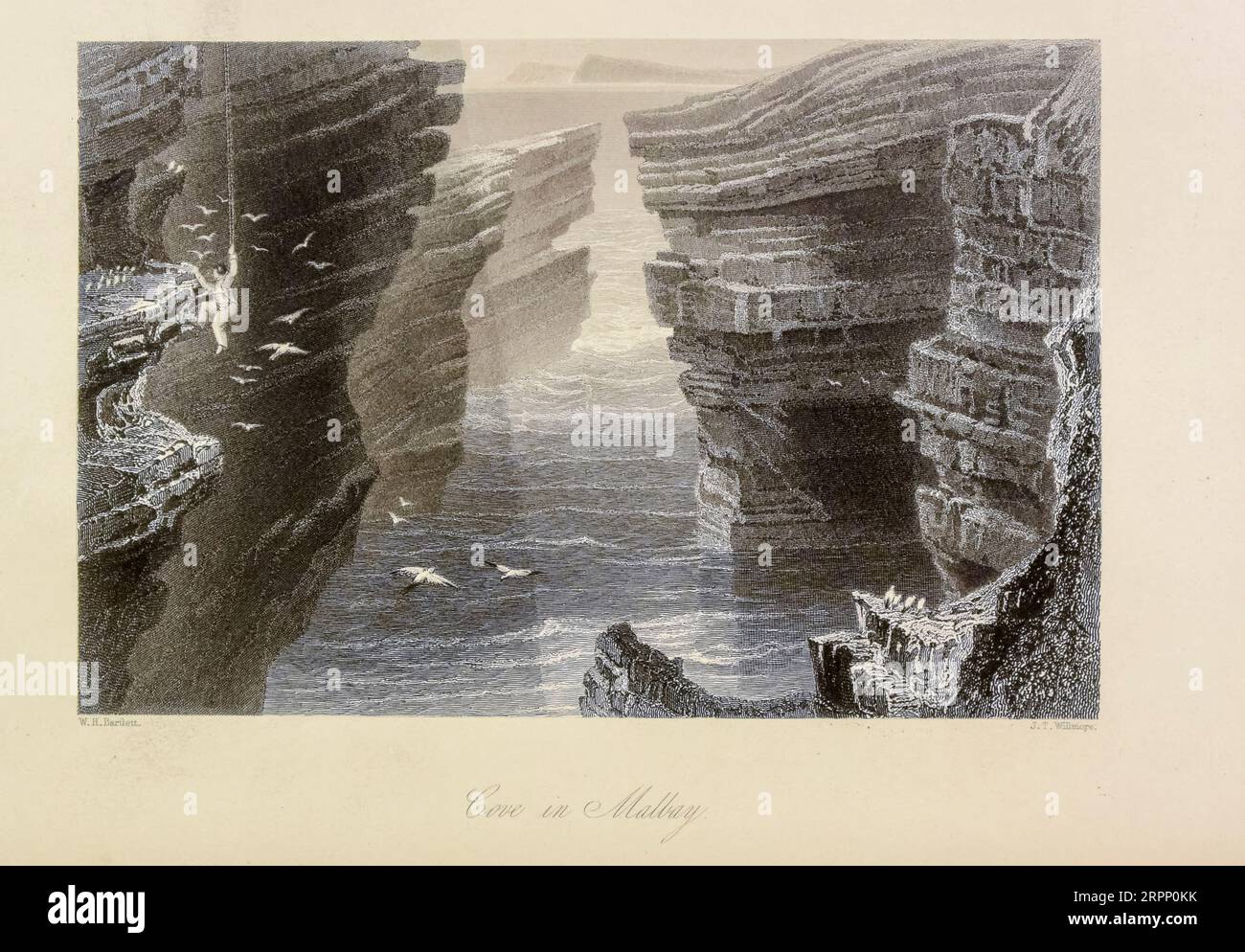 Cove in Malbay Stahlstich aus den Landschaften und Antiquitäten Irlands von Bartlett, W. H. (William Henry), 1809-1854, Illustrator.Band 2. London: George Virtue 1842 William Henry Bartlett (26. März 1809 – 13. September 1854) war ein britischer Künstler, der vor allem für seine zahlreichen Zeichnungen bekannt war, die in Stahlstiche geritzt wurden. Stockfoto