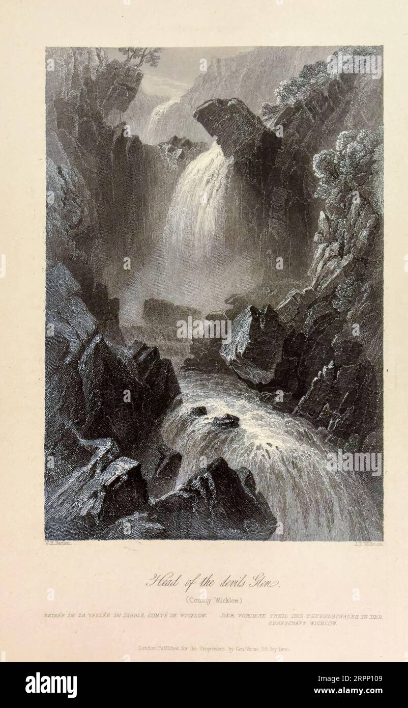 Head of the Devil’s Glen Steel Gravur from the Scenery and Antiquities of Ireland von Bartlett, W. H. (William Henry), 1809–1854, Illustrator.Band 2. London: George Virtue 1842 William Henry Bartlett (26. März 1809 – 13. September 1854) war ein britischer Künstler, der vor allem für seine zahlreichen Zeichnungen bekannt war, die in Stahlstiche geritzt wurden. Stockfoto
