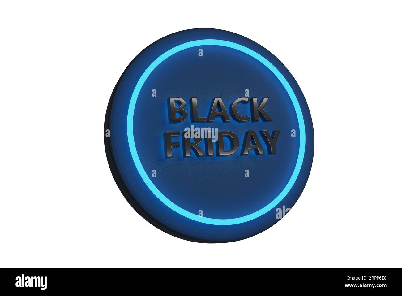 Schwarzes Freitag-Poster mit blauem Neonlicht isoliert auf weißem Hintergrund. 3D-Abbildung. Stockfoto