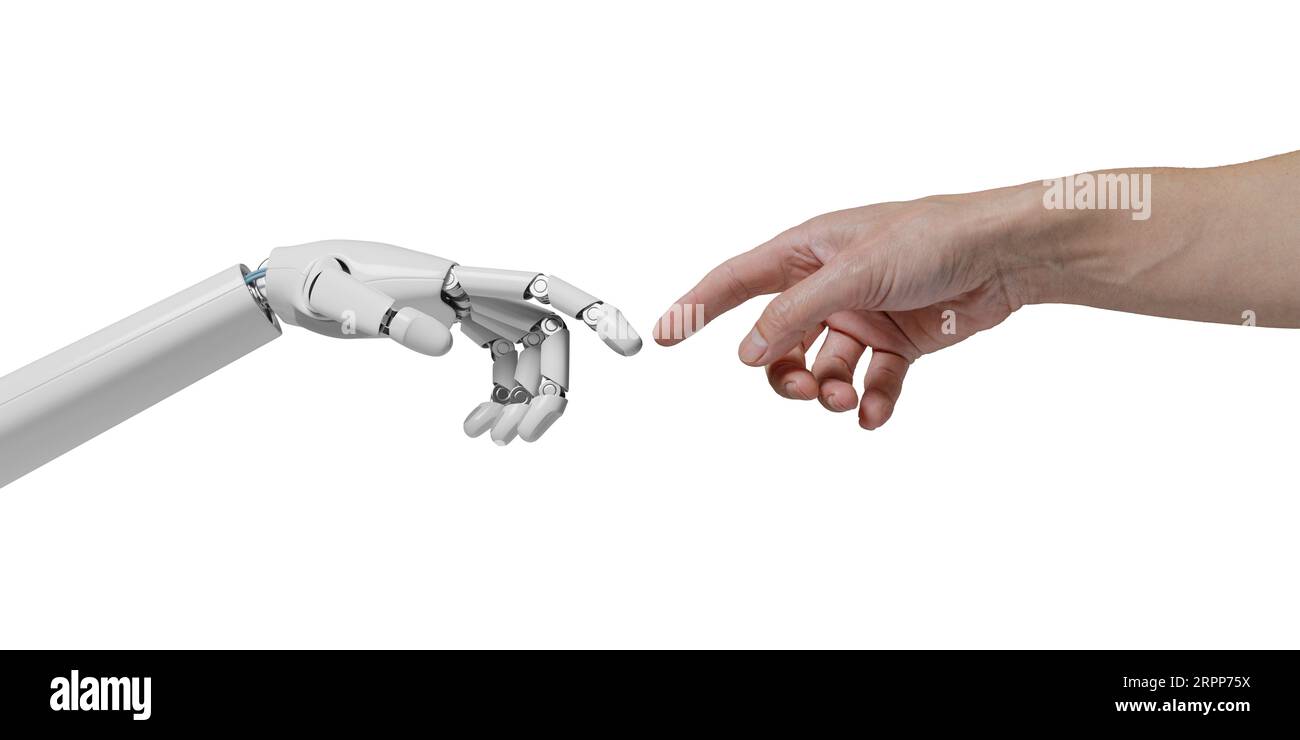 Menschliche Hand, die eine Roboterhand berührt, wie in dem Gemälde „die Erschaffung Adams“ auf weißem Hintergrund. KI-Konzept. 3D-Abbildung. Stockfoto