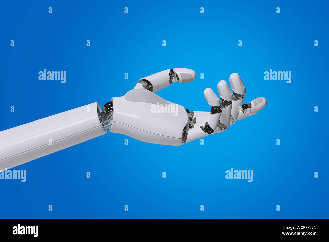 Roboterhand mit Handfläche isoliert auf blauem Hintergrund. 3D-Abbildung. Stockfoto