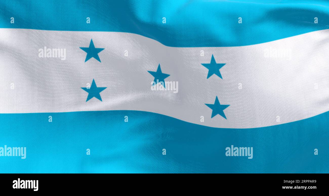 Nahaufnahme der wehenden Nationalflagge von Honduras. Symbol für Nationalstolz, Identität und Unabhängigkeit. 3D-Illustrations-Rendering. Flatternder Stoffhintergrund Stockfoto