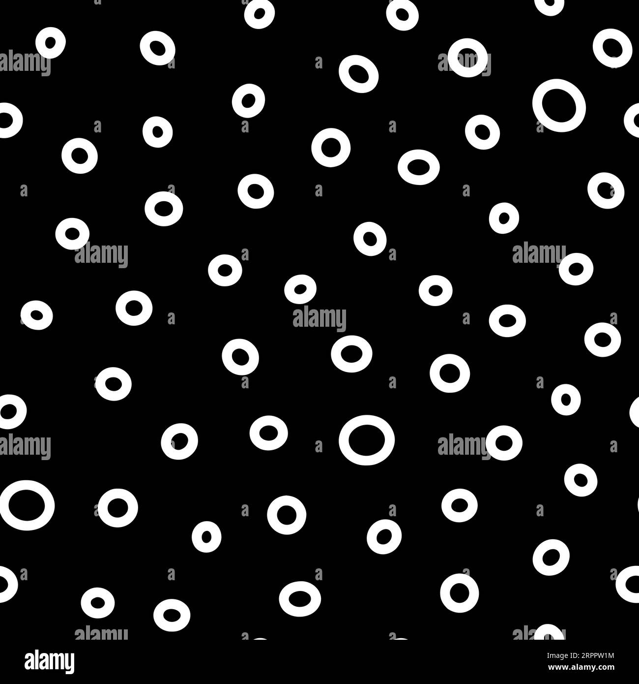 Nahtloses neutrales Ringmuster. Weißes, handgezeichnetes Oval, isoliert auf schwarzem Hintergrund. Doodle Dots, ein gemütliches Schmuckstück. Vektorabbildungen mit Kreisen für w Stock Vektor