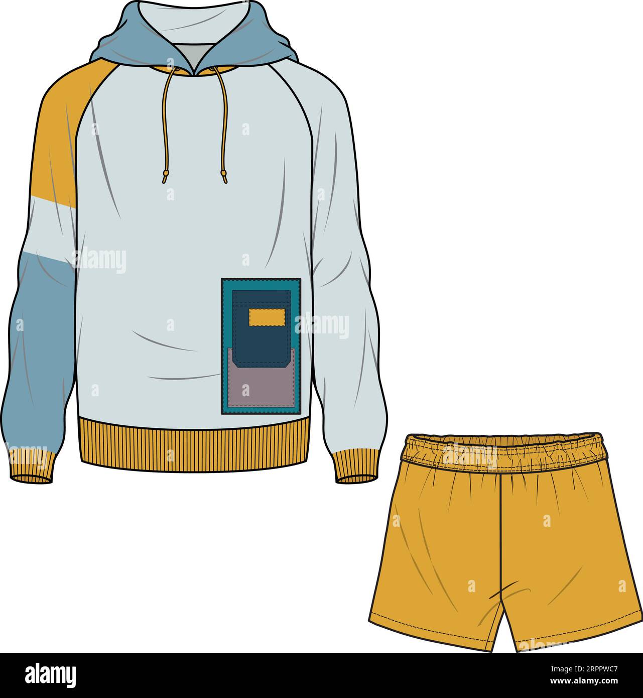 HOODIE UND KURZER TRAININGSANZUG FÜR MÄNNER UND JUNGEN TRAGEN VEKTORILLUSTRATION Stock Vektor