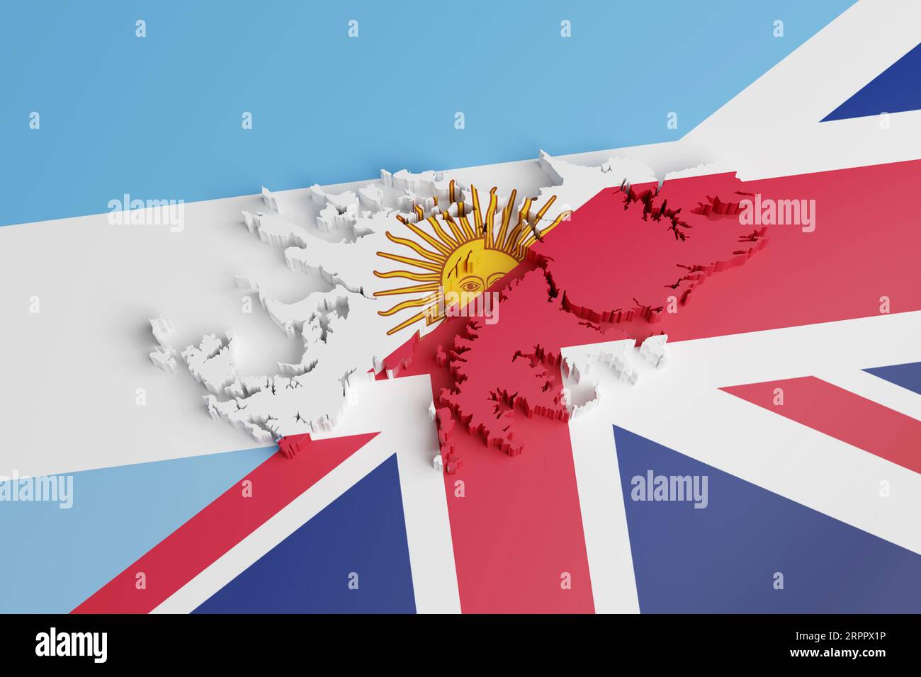 Karte der Falklandinseln in drei Dimensionen mit den Farben der argentinischen und britischen Flagge. 3D-Abbildung. Stockfoto