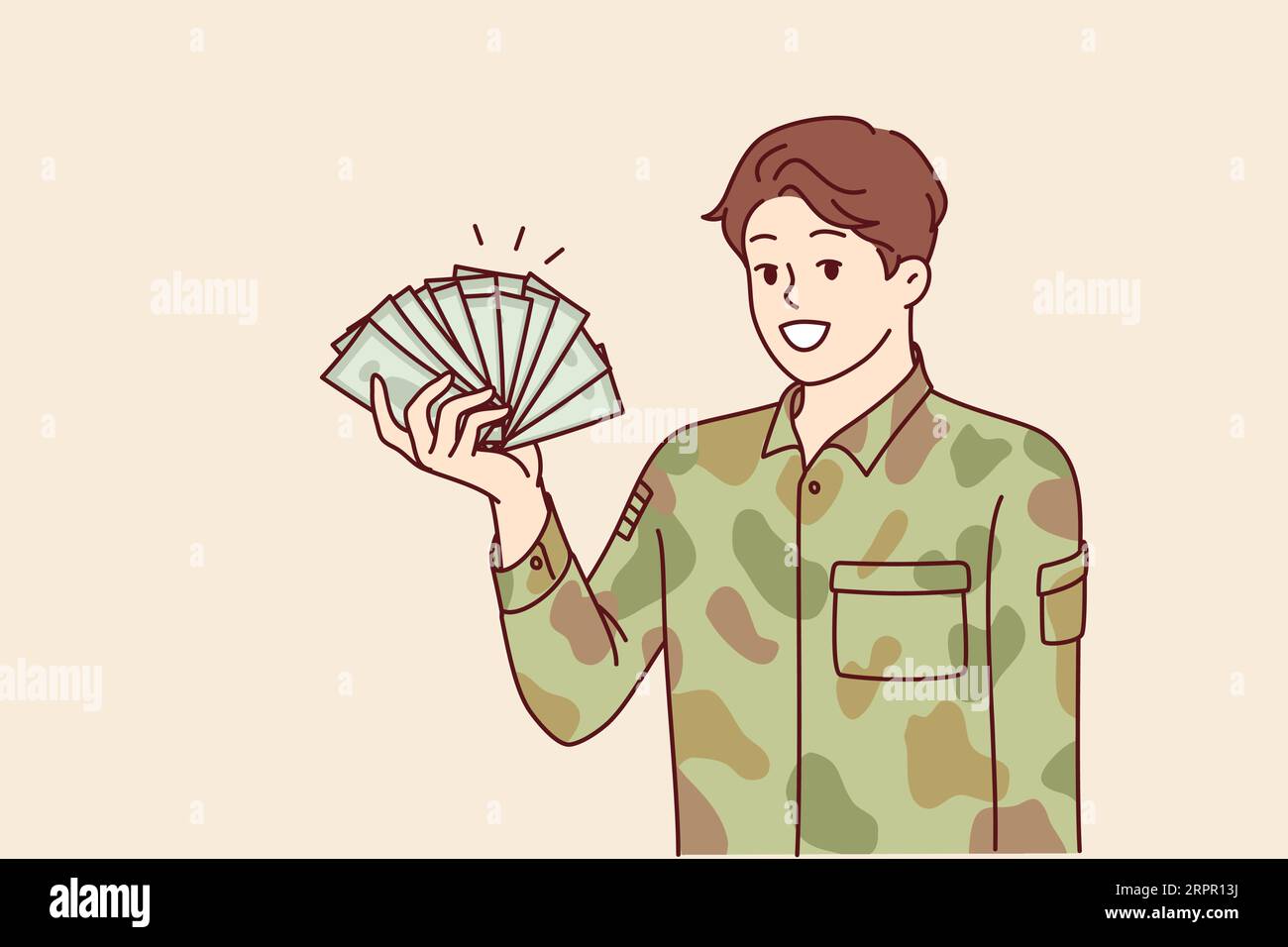 Mann in Militäruniform hält Geld und ruft dazu auf, Soldat der Armee zu werden, um große Einkünfte oder Präferenzen zu haben. Angestellter einer privaten Militärfirma in Tarnkleidung rühmt sich eines hohen Gehalts Stock Vektor