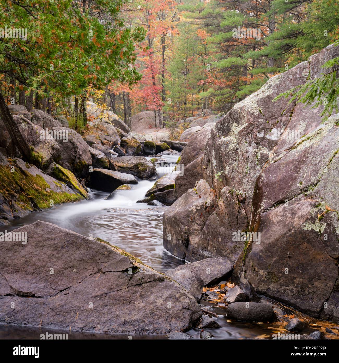 Im Herbst des Jahres ist Nord-Wisconsin ein Paradies für Reisende und Fotografen. Die herrlichen Herbstfarben und Wasserfälle sind spektakulär zu sehen. Stockfoto