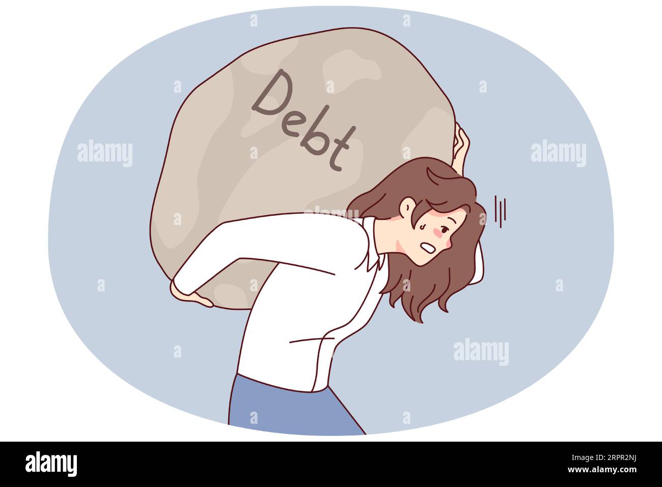 Müde Frau trägt riesigen Stein auf dem Rücken leiden unter Schulden oder Konkurs. Erschöpfte Geschäftsfrau hält großen Stein auf den Schultern und kämpft mit finanziellen Problemen. Vektorgrafik. Stock Vektor