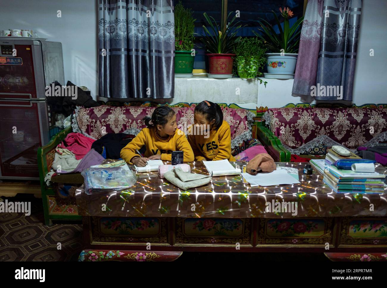 200328 -- LHASA, 28. März 2020 -- Urenkeltöchter von Sonam Drolma haben eine Online-Lektion im Reguo Village im Gyaca County in Shannan, Südwestchinas Autonome Region Tibet, 24. März 2020. Am Samstag findet der Tag der Emanzipation der Sklaven statt. Vor einundsechzig Jahren wurden mehr als eine Million Menschen, das sind 90 Prozent der damaligen Bevölkerung der Region, von der feudalen Leibeigenschaft befreit. Sonam Drolma ist eine 109-jährige Dorfbewohnerin im Dorf Reguo in Shannan. Seit ihrer Geburt durchlebte sie ein halbes Jahrhundert voller Wendungen und Leiden als Leibeigene. Sonam Drolma beg Stockfoto