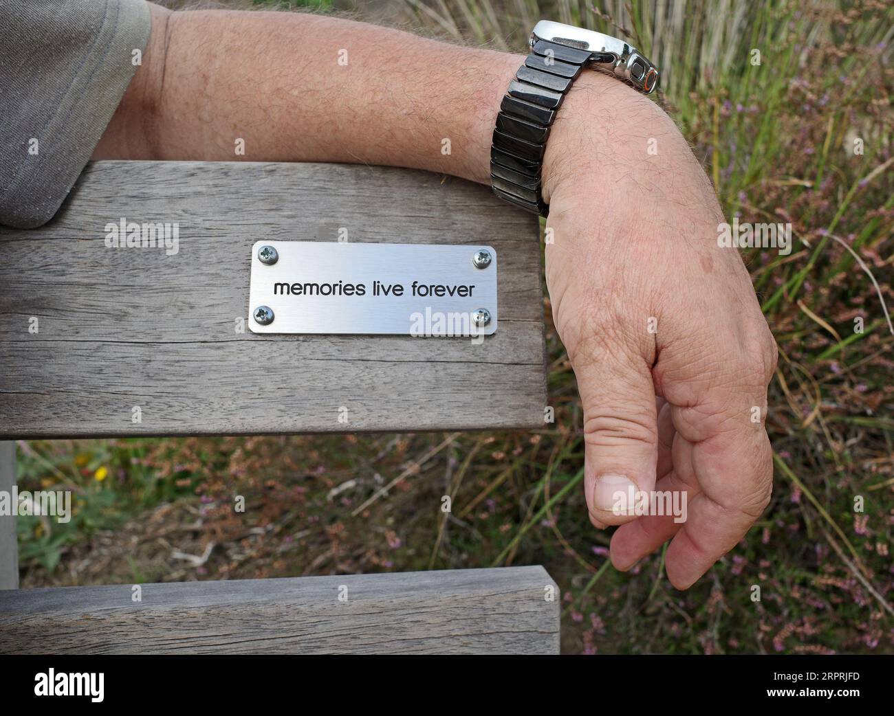 „Erinnerungen leben für immer“ steht auf einer Tafel auf der Rückseite einer Bank. Der Arm eines Mannes schützt ihn. Stockfoto