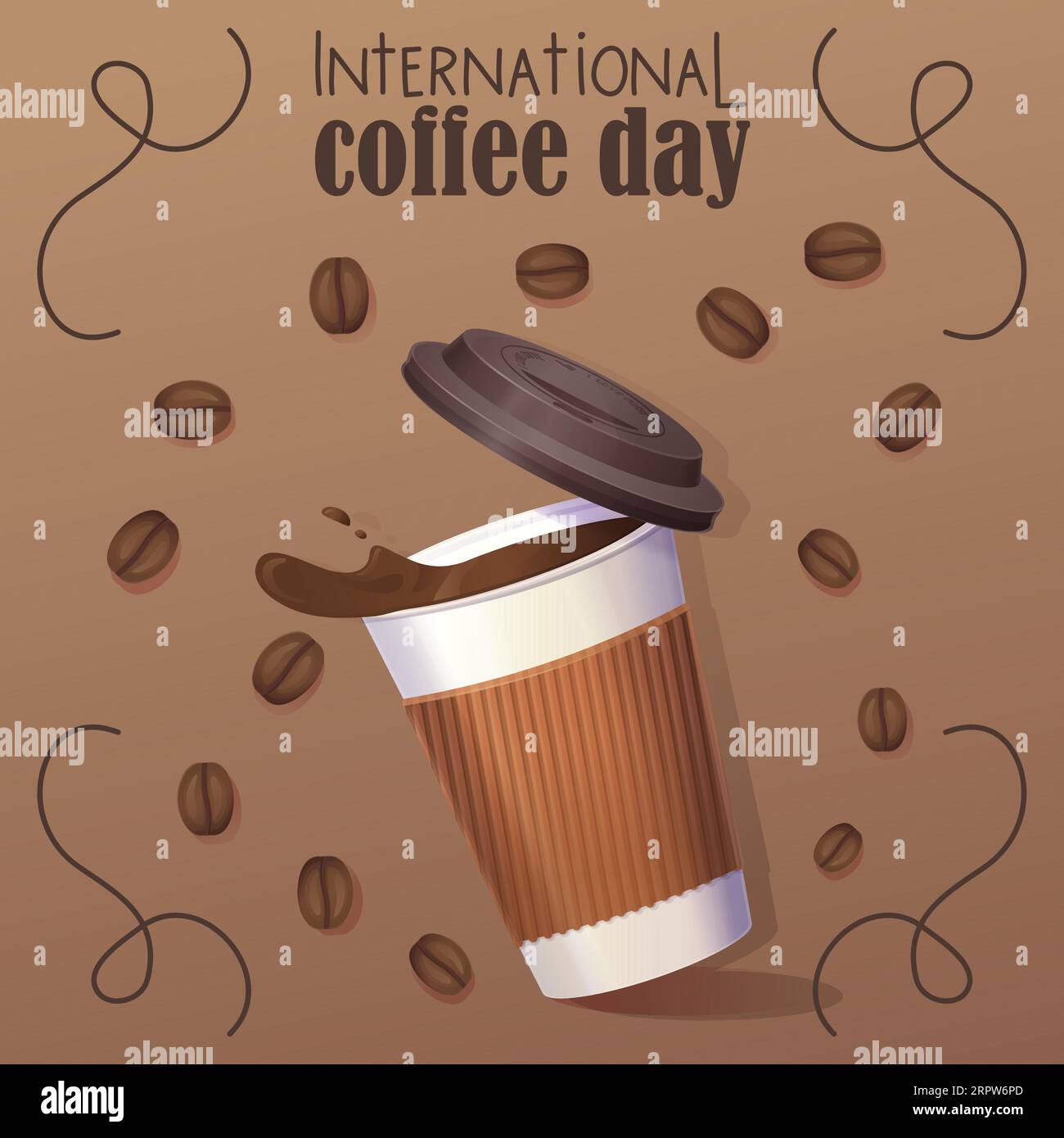Internationales Kaffeetag-Banner. Realistische Getränketasse mit fliegenden Kaffeebohnen. Vektorillustration im realistischen Zeichentrickstil. Stock Vektor