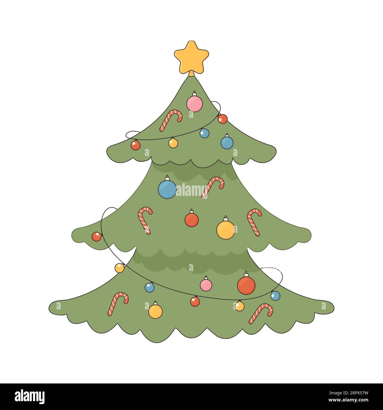 Groovender Weihnachtsbaum mit Zuckerstangen und Ballons Spielzeug und Sternvektor-Illustration Stock Vektor