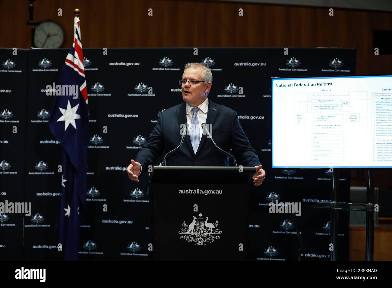 200529 -- CANBERRA, 29. Mai 2020 -- der australische Premierminister Scott Morrison spricht auf einer Pressekonferenz in Canberra, Australien, am 29. Mai 2020. Australien bleibt im Kampf gegen COVID-19 auf Kurs, sagte Premierminister Scott Morrison am Freitag. Foto: /Xinhua AUSTRALIA-CANBERRA-COVID-19-PM ChuxChen PUBLICATIONxNOTxINxCHN Stockfoto