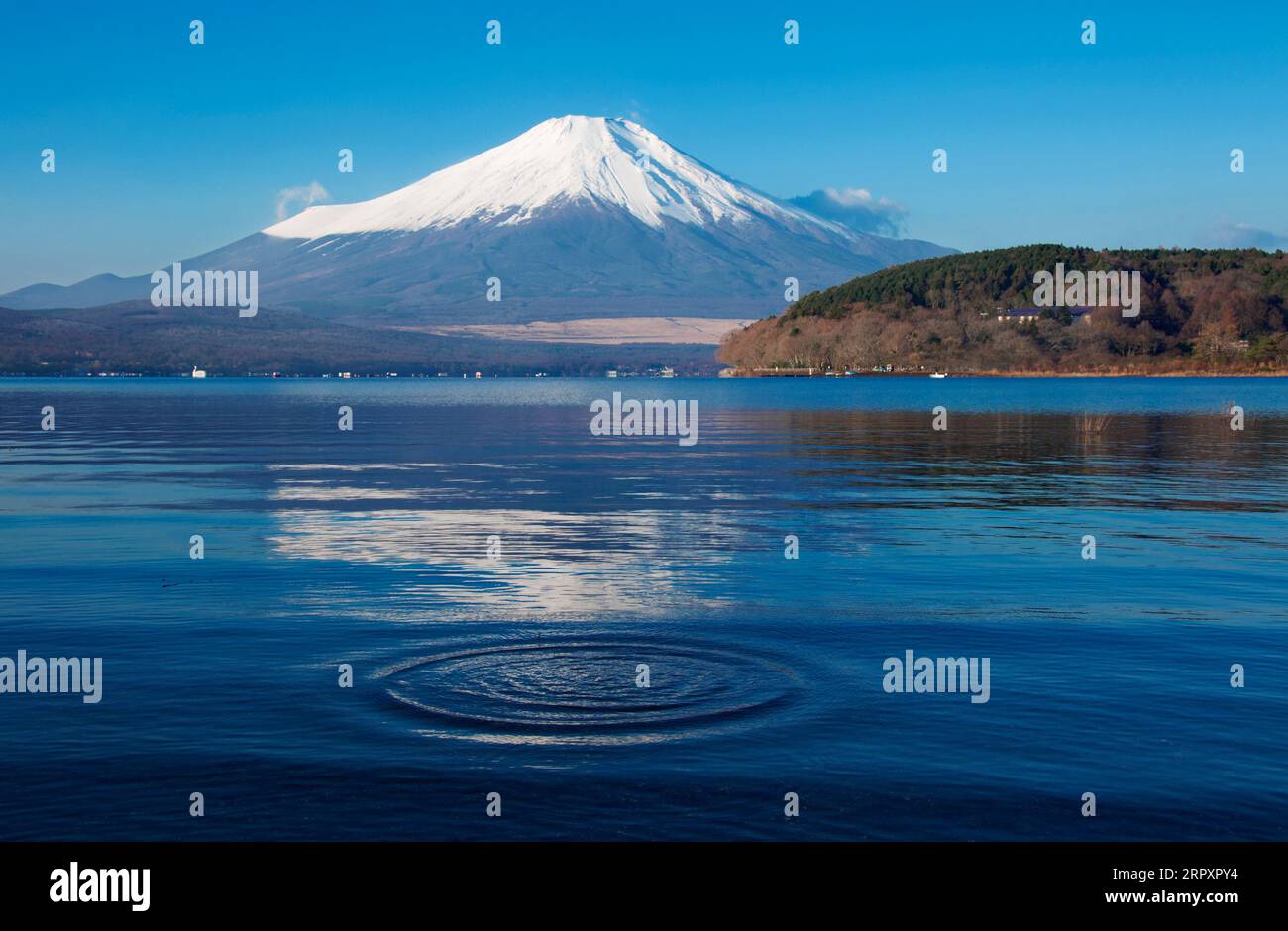 Mount Fuji mit schneebedecktem Blick auf den Yamanaka-See und Wasserspiel in der Wintersaison Stockfoto