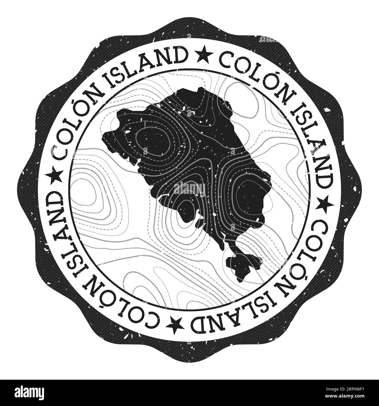 Colon Island Außenmarke. Runder Aufkleber mit Karte mit topographischen Isolinen. Vektorillustration. Kann als Insignia, Logo, Etikett, Aufkleber verwendet werden Stock Vektor