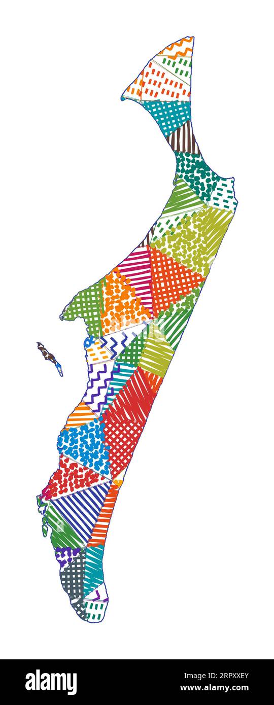 Karte im Kinderstil von Fraser Island. Handgezeichnete Polygone in der Form von Fraser Island. Vektorillustration. Stock Vektor