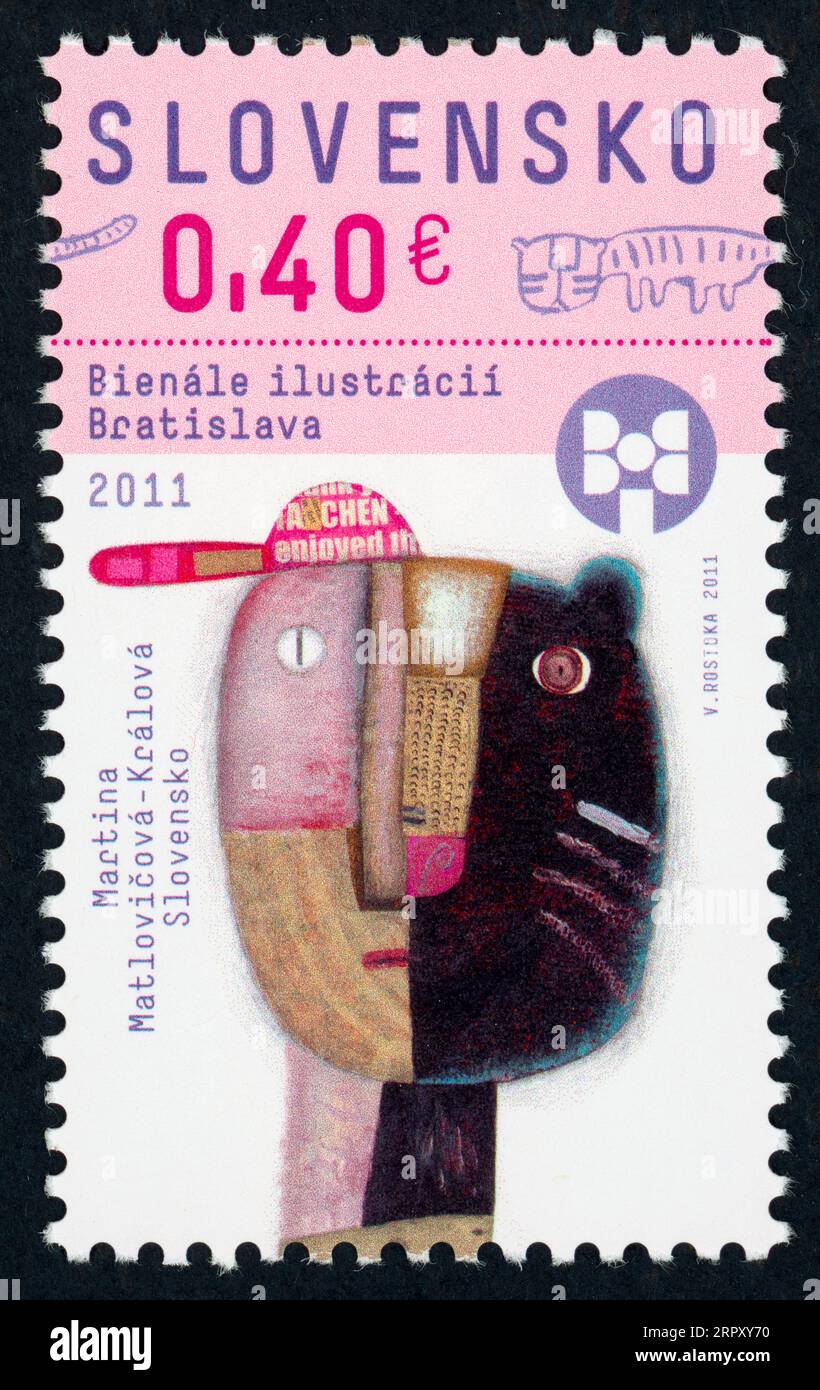 Illustration von Martina Matlovičová-Králová. Bienále ilustrácií Bratislava 2011 (Biennale der Illustrationen Bratislava 2011). Briefmarke, die 2011 in der Slowakei ausgestellt wurde. Stockfoto