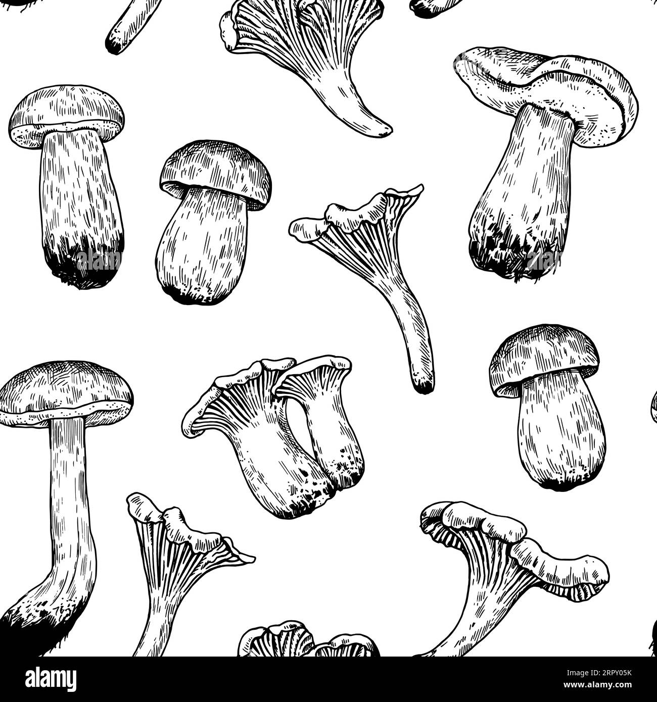 Nahtloses Muster mit Pilzen im Retro-Stil. Vintage-Druck in Schwarz und weiß mit handgezeichneten Details für Design und Textil. Stock Vektor
