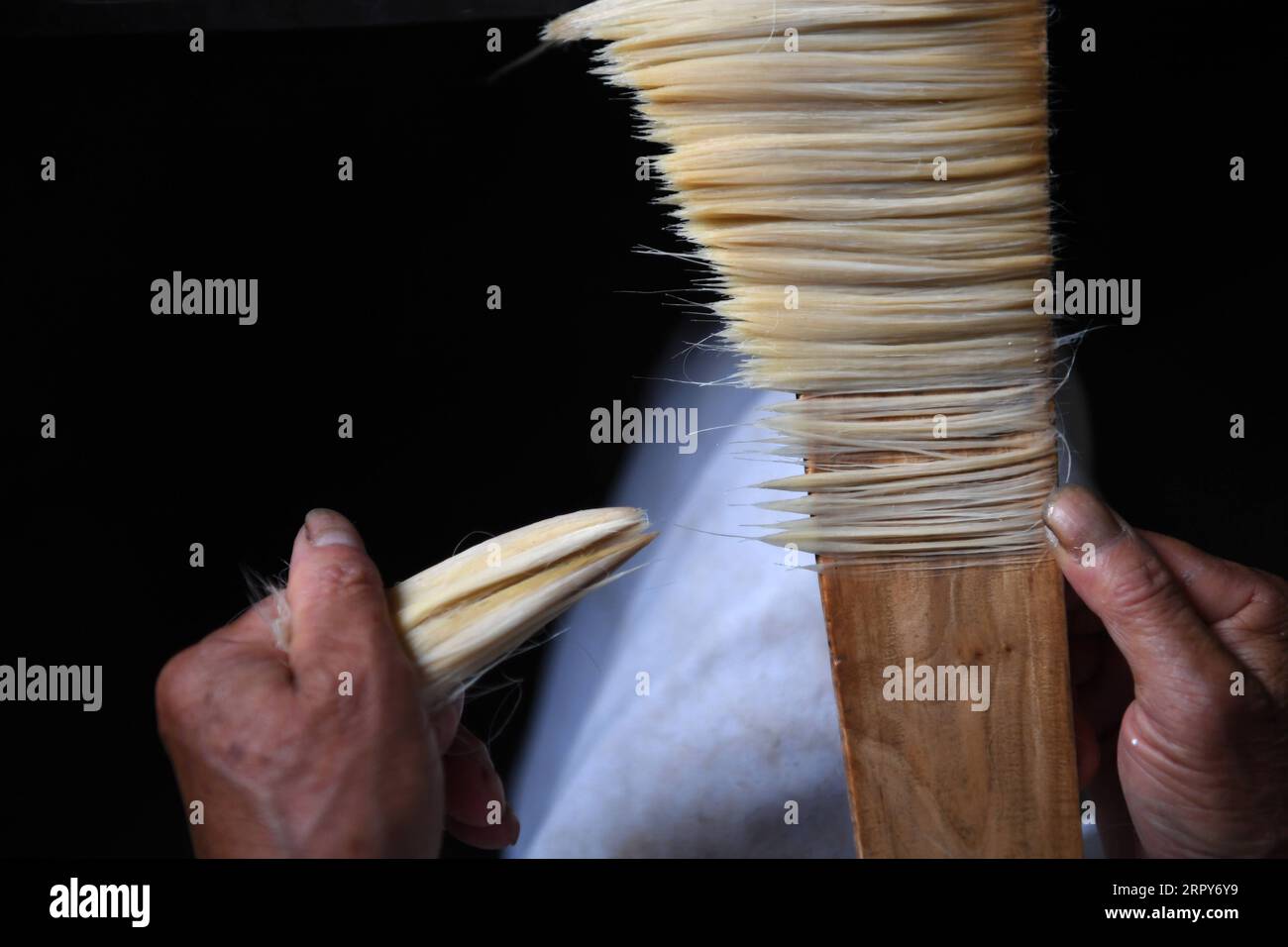 200617 -- JINGXIAN, 17. Juni 2020 -- Ein Arbeiter passt die Haare für Xuan-Bürsten bei einem lokalen Hersteller im Jingxian County, ostchinesische Provinz Anhui, 4. Juni 2020 an. Tintenpinsel werden in der traditionellen chinesischen Malerei und Kalligraphie verwendet. Zusammen mit Tintenstein, Tintenstab und Xuan-Papier bilden diese vier Schreibgeräte die vier Schätze der Studie. Der Xuan-Pinsel ist eine hochgelobte Art von Tintenbürsten und soll aus der Qin-Dynastie um 200 v. Chr. in der Gegend von Xuanzhou im alten China stammen. Das Haar der Xuan-Bürste wird normalerweise aus den Haaren von Kaninchen, Wiesel oder Ziegen hergestellt, je nach Stockfoto