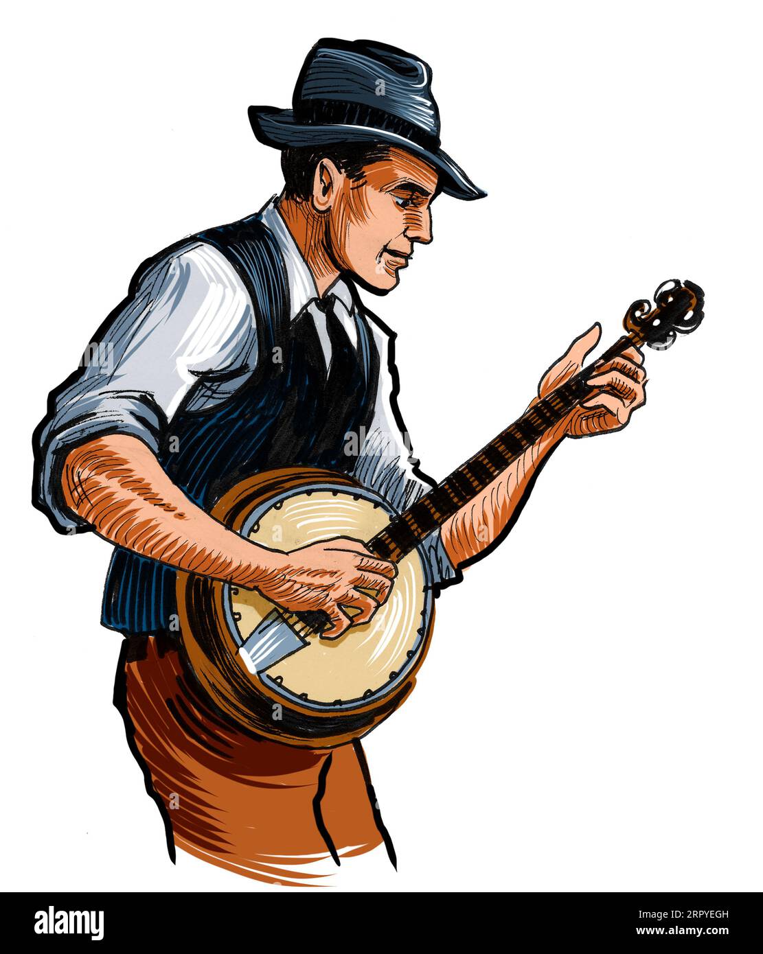Country-Musiker spielt Banjo. Handgezeichnete Retro-Tinte auf Papier und handkoloriert auf Tablet Stockfoto