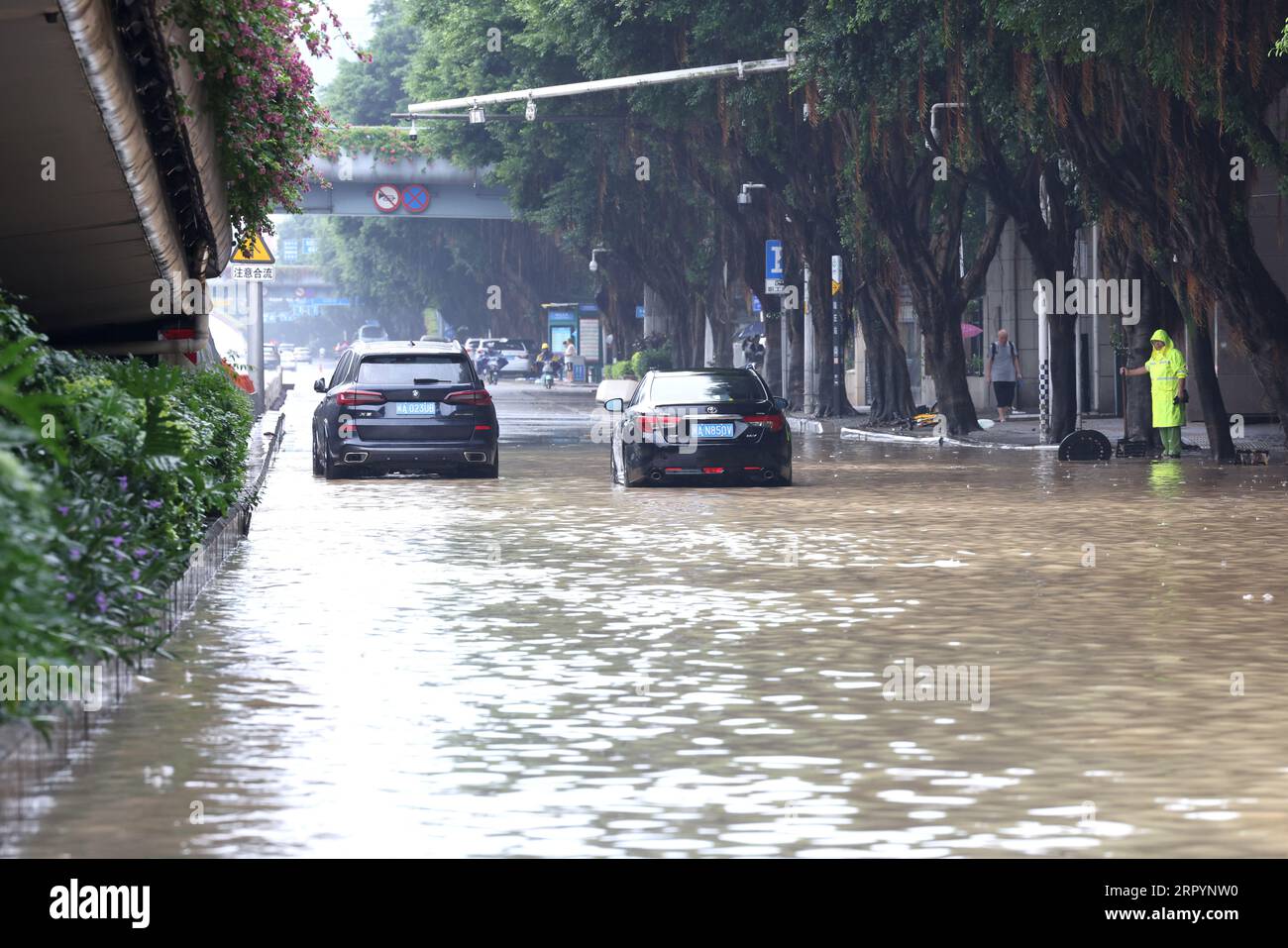 FUZHOU, CHINA - 6. SEPTEMBER 2023 - Fahrzeuge weichen in Wasser in Fuzhou, Provinz Fujian, China, 6. September 2023. Unter dem Einfluss der Cloud clus Stockfoto