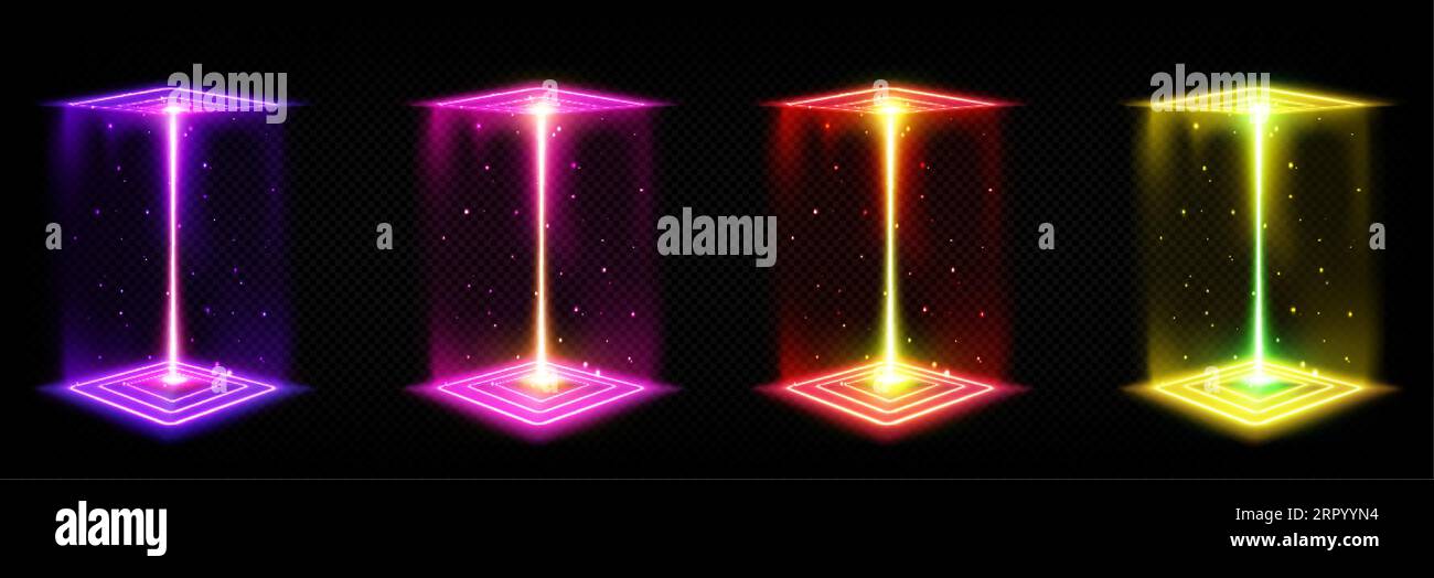 3D-Hologramm-Quadrat-Neon-Lichteffekt-Spielportal. Technologie Metaverse Cube Bühnenrahmen für Scifi Teleport Konzept in Pink, Gelb, Violett und Rot. Ab Stock Vektor