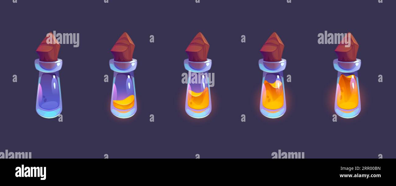 Elixier im Kolben mit Holzkork - Animationssequenz des Füllens von Glasflaschen mit Trank von leer nach voll. Zeichentrickvektor-Illustration Set von Diffe Stock Vektor