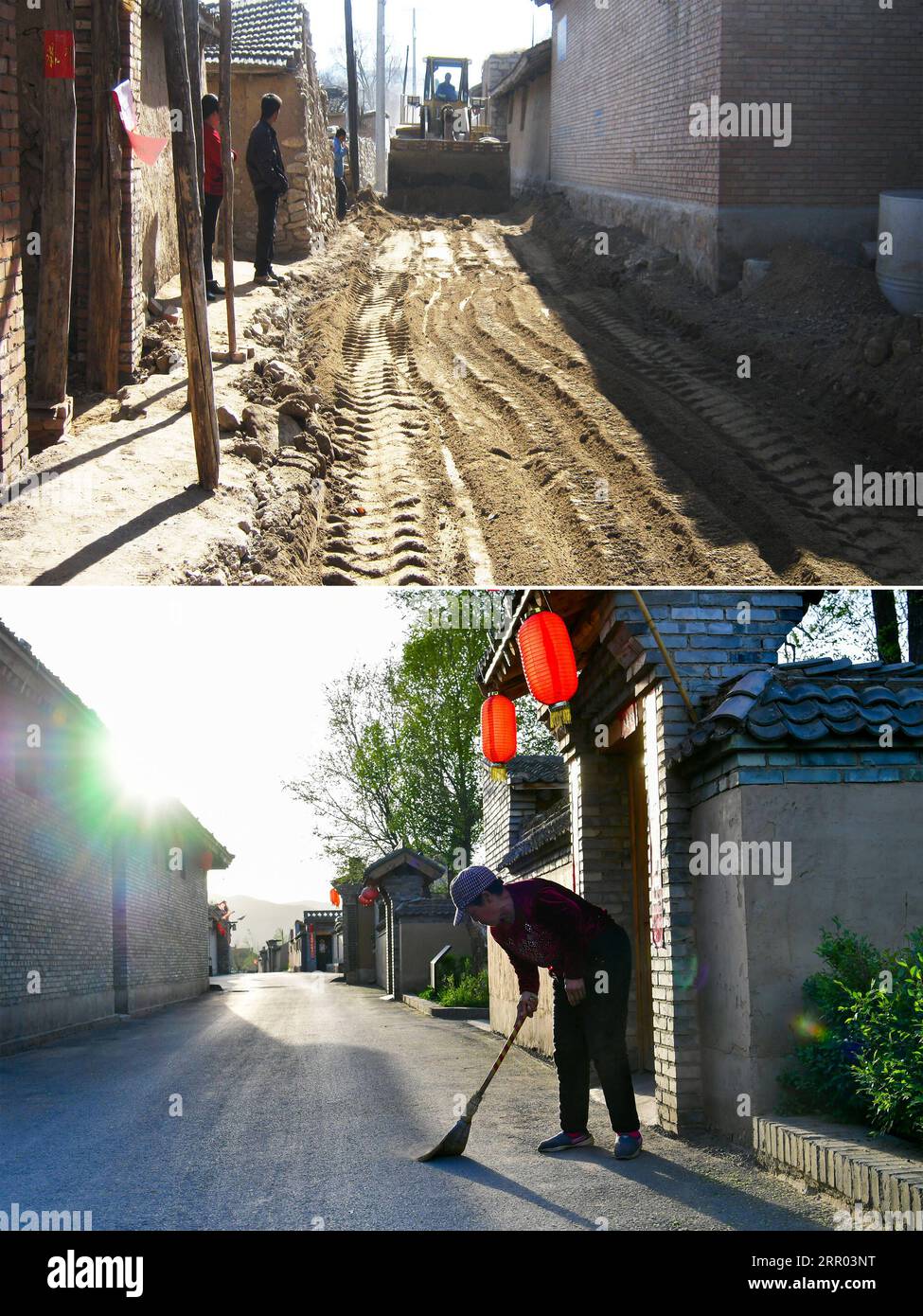 200727 -- TAIYUAN, 27. Juli 2020 -- Kombinationsfoto zeigt eine Dorfstraße im Bau im Dorf Songjiagou im Kreis Kelan, Xinzhou, nordchinesische Provinz Shanxi oben, undatiertes Dateifoto und eine Dorfbewohnerin, die ihre Türschwelle im selben Dorf am 9. Mai 2020 unten schwingt, Foto aufgenommen von . Songjiagou, einst ein Dorf, das für seine raue Lebensbedingungen bekannt war, wurde 2017 als Ort für die nahe gelegenen 145 verarmten ländlichen Haushalte ausgewiesen. Das Songjiagou Village, das von Kelan County unterstützt wird, nutzte diese Gelegenheit und baute sich selbst wieder auf, indem es schäbige Häuser abbaute und ländliche Siedlungen entwickelte Stockfoto