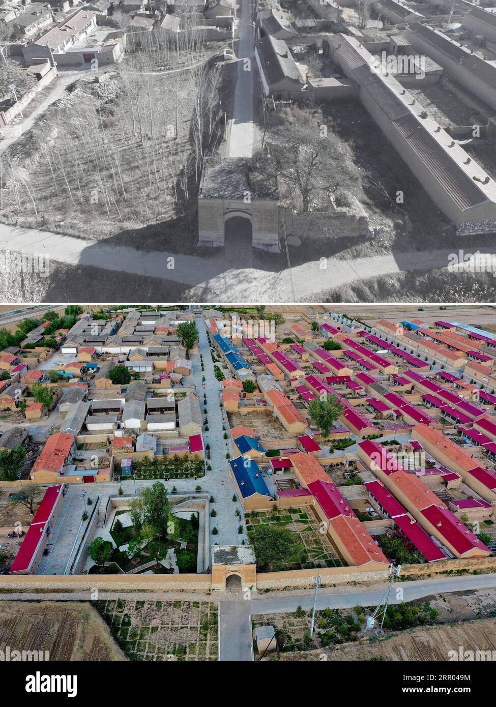 200728 -- PEKING, 28. Juli 2020 -- Kombinationsfoto zeigt das Stadttor des Dorfes Jianxi, Huquan Township, Guangling County, Datong, nordchinesische Provinz Shanxi oben, undatiertes Dateifoto und eine Luftaufnahme des Dorfes Jianxi am 26. Mai 2020 unten, Foto von . Das Dorf Jianxi sah einst seine Dorfbewohner in Armut, weil sie unbequeme Transportmittel, eine einzige Industriestruktur und den Verlust von Arbeitskräften hatten. In den letzten Jahren hat das Dorf Anstrengungen unternommen, um die Tourismusbranche zu entwickeln und armen Bewohnern Beschäftigungsmöglichkeiten zu bieten und gleichzeitig das Erscheinungsbild und die Lebensumwelt der Gemeinde zu verbessern. Die Dorfbewohner Stockfoto