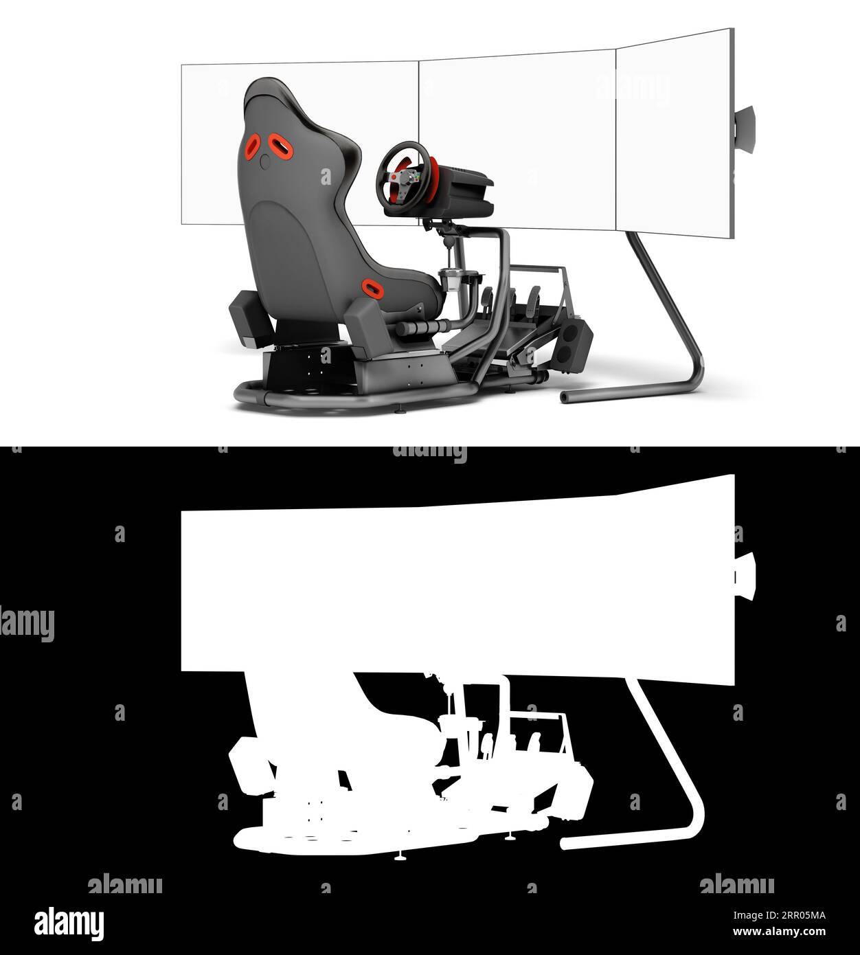 Moderner Autospielsimulator Perspektive Rechts Ansicht 3D Rendering auf weiß mit Aplha Stockfoto