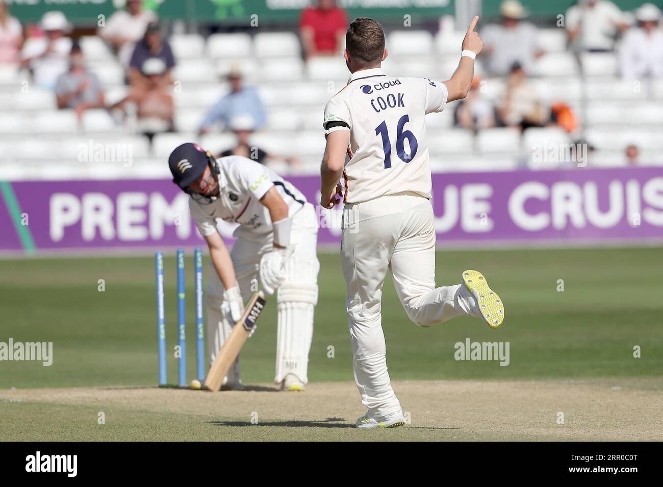 Ryan Higgins aus Middlesex wird von Sam Cook während des Essex CCC vs Middlesex CCC, LV Insurance County Championship Division 1 Cricket im Clou ausgespielt Stockfoto