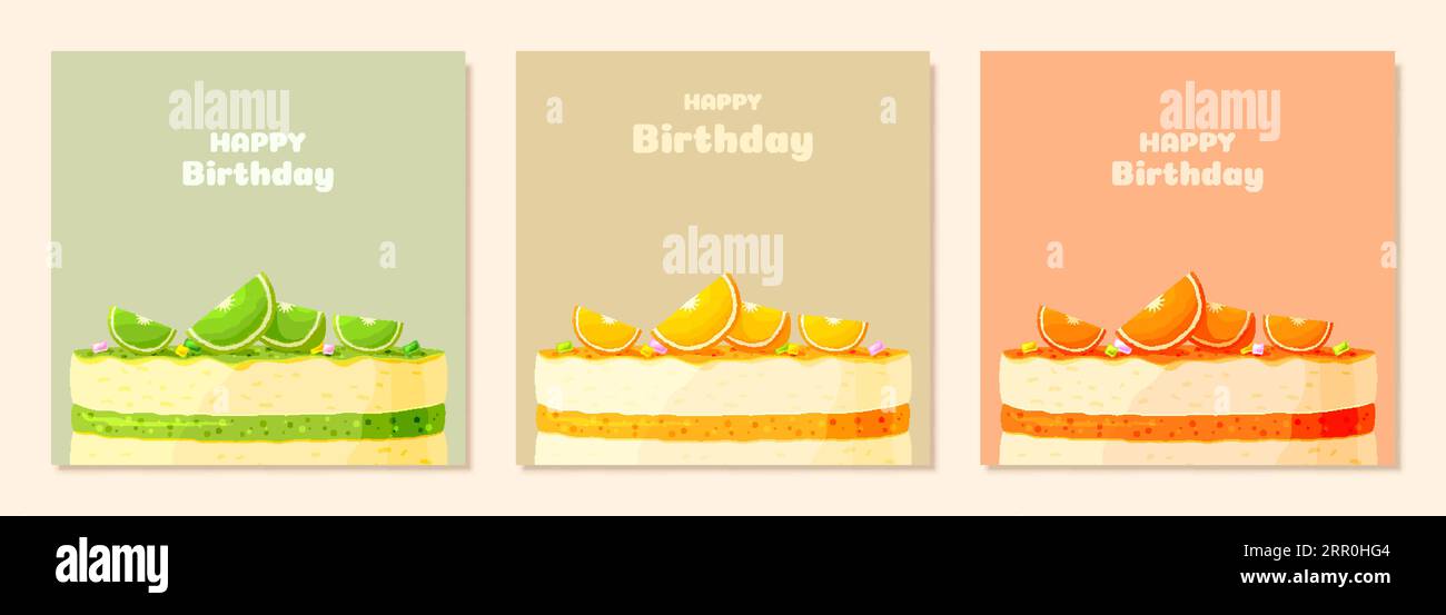 Alles Gute zum Geburtstag Grußkarte Kuchen Dessert Pastellfarbe flach Set. Party Backen Essen Tiered Pie fruchtige Zitrusfrüchte Limette Zitrone Orangenscheiben Süßigkeiten Dekoration Gelee Tart Doodle Banner köstlich süß isoliert Stock Vektor