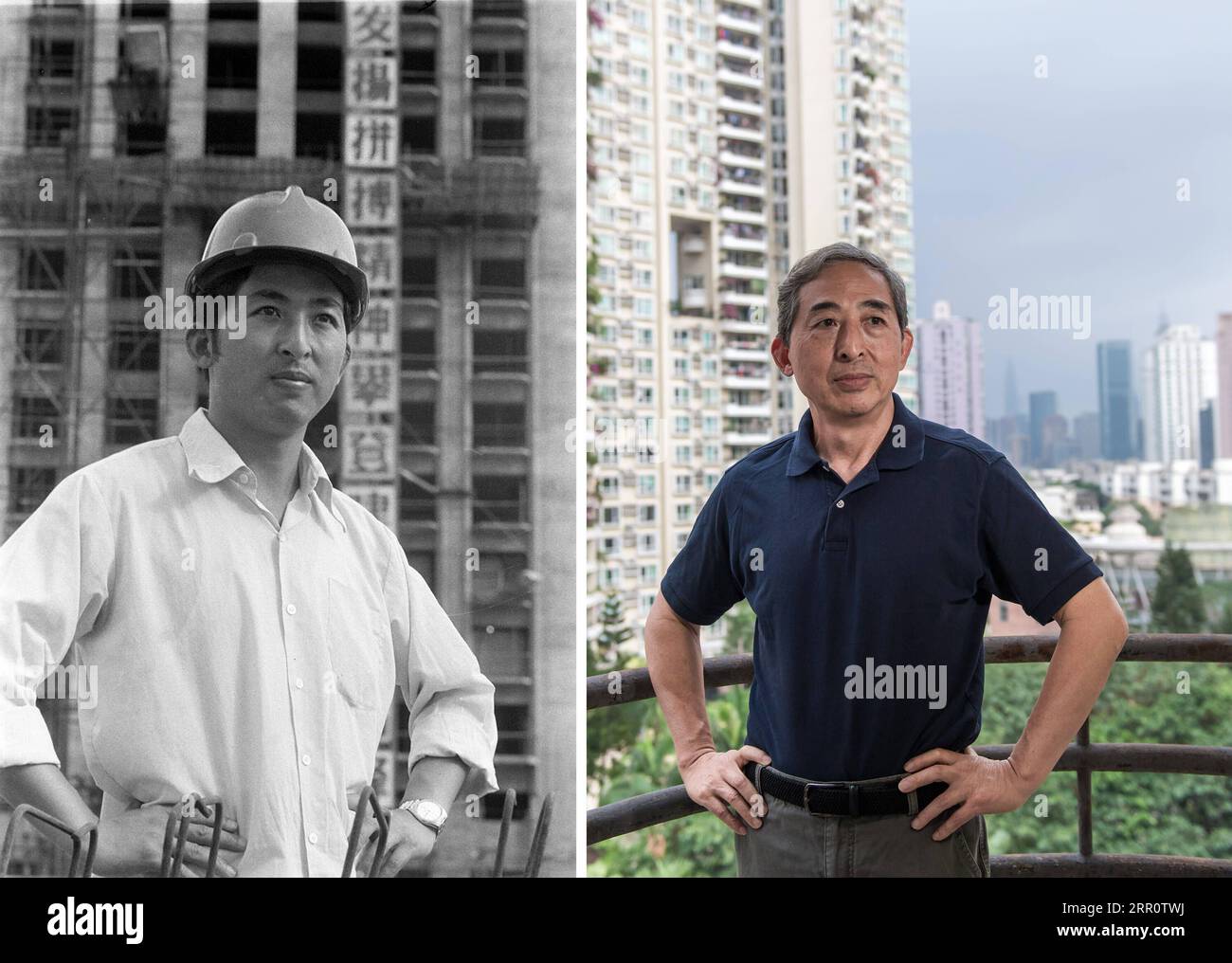 200826 -- SHENZHEN, 26. August 2020 -- das Combo-Foto zeigt den 28-jährigen Luo Jundong, einen der Designer des Shenzhen International Trade Centre Building, der auf der Baustelle in 1984 l posiert, Foto von Liu Yusheng und Luo in seinem Haus am 5. Dezember 2018 R gemacht, Foto von in Shenzhen, Provinz Guangdong. Luo folgte der Baufirma von der Provinz Hubei nach Shenzhen, um 1982 das Gebäude des International Trade Centre zu bauen. Luo und sein Team lieferten neue Techniken für den Bau und stellten einen Rekord für die Errichtung einer Geschichte in drei Tagen auf. Nachdem das Projekt beendet war, wurde Luo Stockfoto