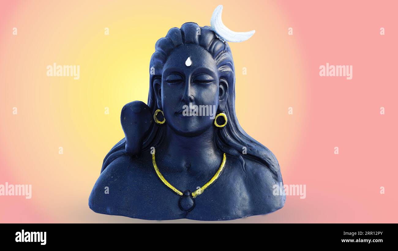 Adiyogi-Idol auf farbenfrohem Hintergrund. Adiyogi shiva-Statue aus einzigartigen verschiedenen Perspektiven Stockfoto