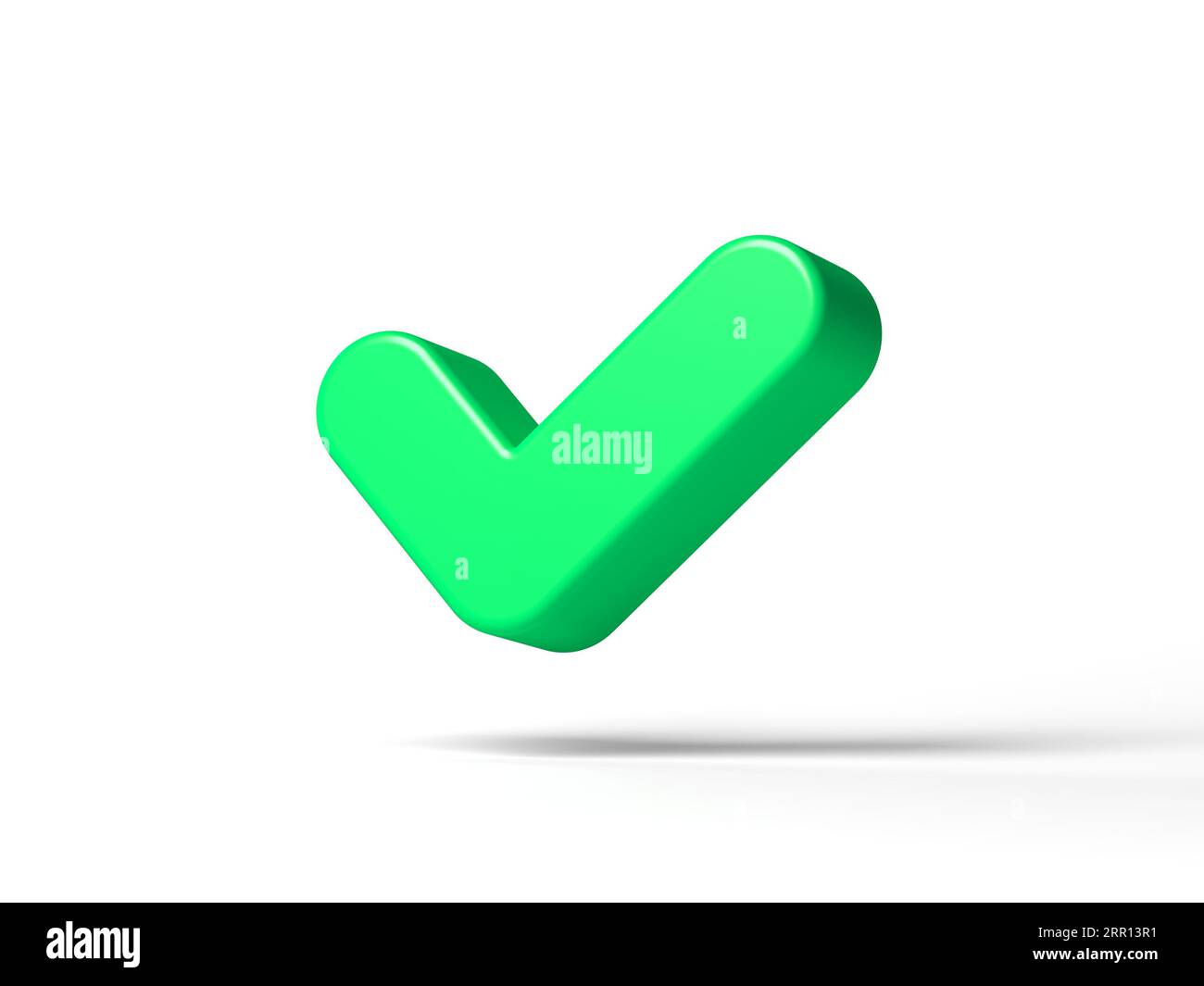 Grünes Häkchen isoliert auf weißem Hintergrund. Häkchen-Symbol. 3D-Abbildung. Stockfoto
