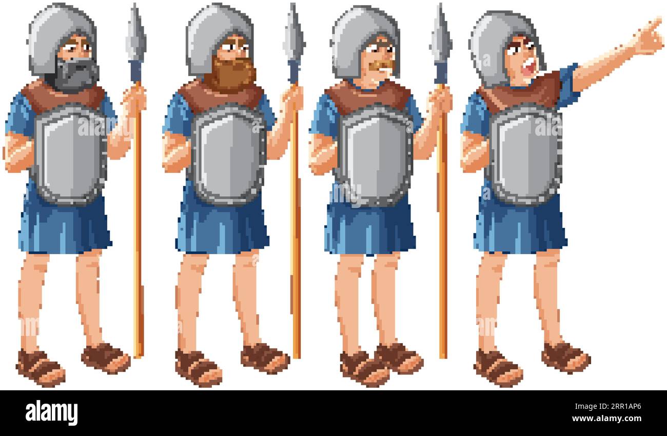 Eine Gruppe antiker Karikaturfiguren der Ritter-Armee, die mit Speeren und Schilden ausgestattet sind Stock Vektor
