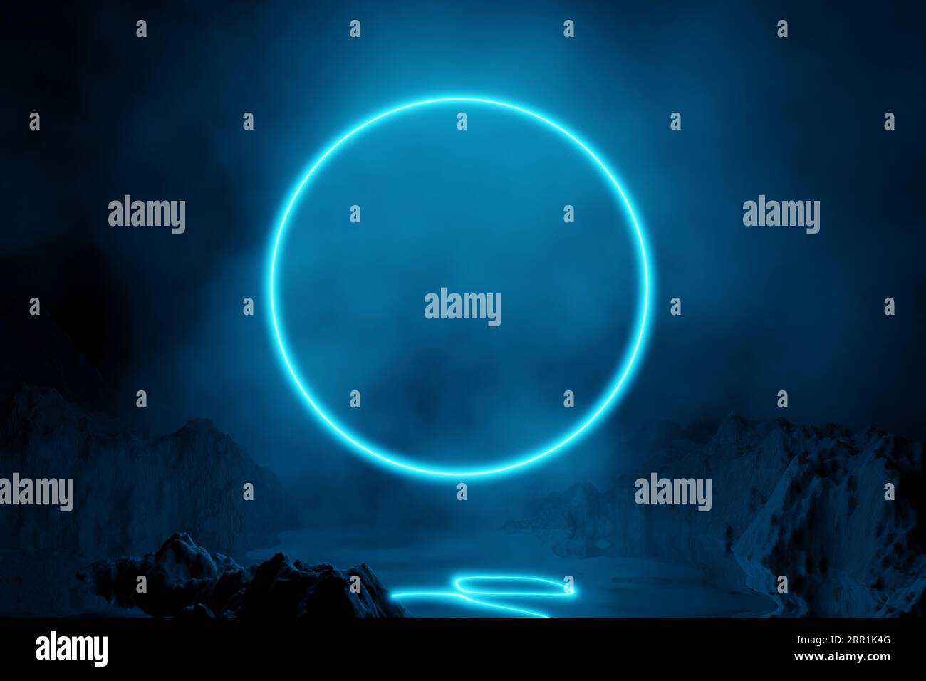 Leeres Podium mit blauem Neonring im Hintergrund. Illustration mit abstrakter Bühne und blauem Neonrahmen. 3D-Rendering. Stockfoto