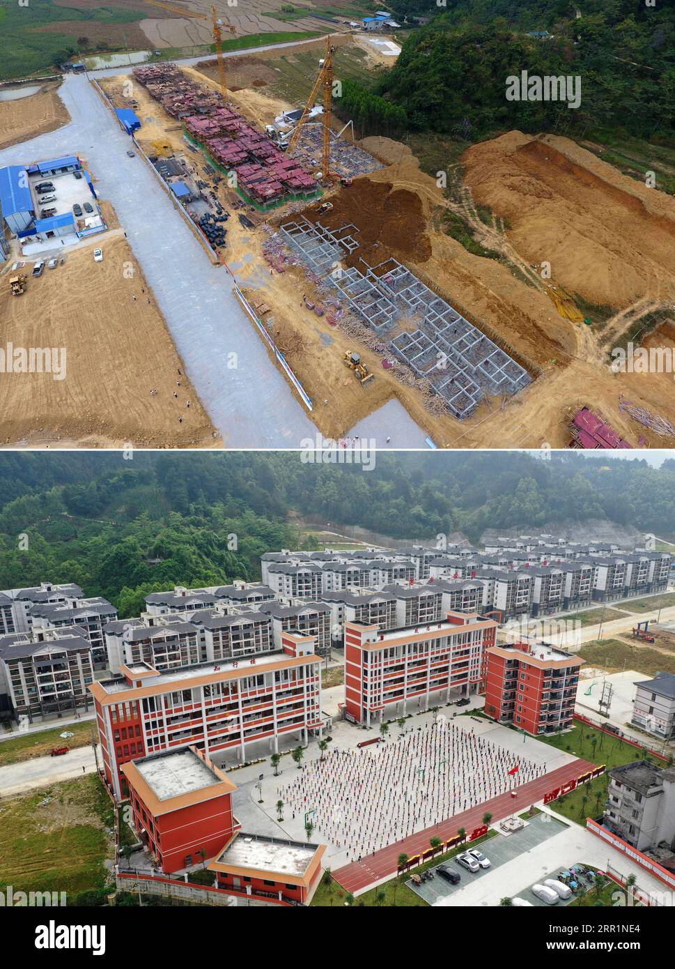 200922 -- NANNING, 22. September 2020 -- auf diesem Kombi-Foto zeigt das obere am 13. Oktober 2016 eine Luftaufnahme einer Armutsbekämpfung-Neuansiedlungsstätte, die in der Xia ao Township gebaut wird, und das untere am 25. April, 2019 zeigt eine Luftaufnahme der bereits errichteten Armutsbekämpfung in der Xia ao Township von du an Yao Autonomous County in der südchinesischen autonomen Region Guangxi Zhuang. In den letzten fünf Jahren hat die autonome Region Guangxi Zhuang eine Reihe von Projekten zur Armutsbekämpfung durchgeführt, wie etwa die Beschleunigung des Baus von Verkehrsinfrastrukturen in armen Gebieten, Auto Stockfoto