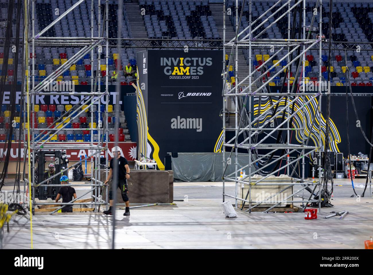 Düsseldorf, Deutschland. September 2023. Bau der Sportanlagen in der Arena. Besichtigung der Bauarbeiten für die Invictus Games 2023 in der Merkur Spiel Arena. Quelle: Christoph Reichwein/dpa/Alamy Live News Stockfoto