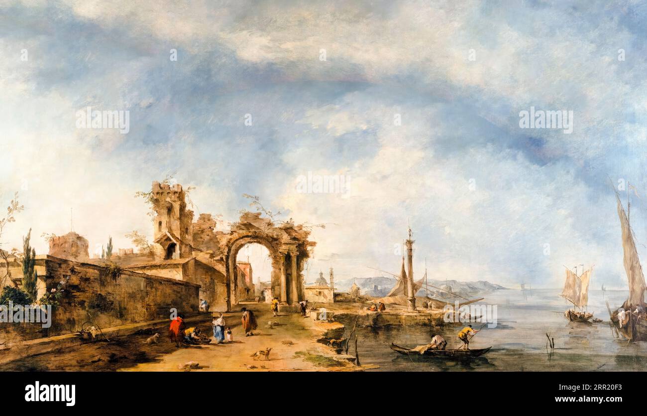 Francesco Guardi, fantastische Landschaft, Gemälde in Öl auf Leinwand, um 1765 Stockfoto