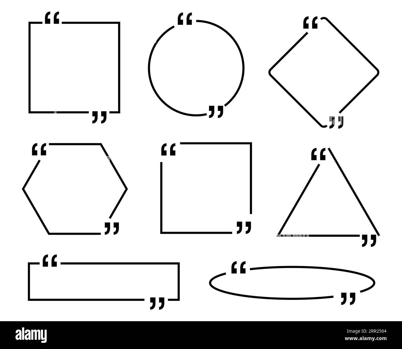 Kastenrahmen mit Zitat, großes Set. Meldung Angebotsfelder. Geometrische leere Vorlage Zitat Text Info Design Felder Zitat Bubble Blog Zitate Symbole. Kreativ Stock Vektor