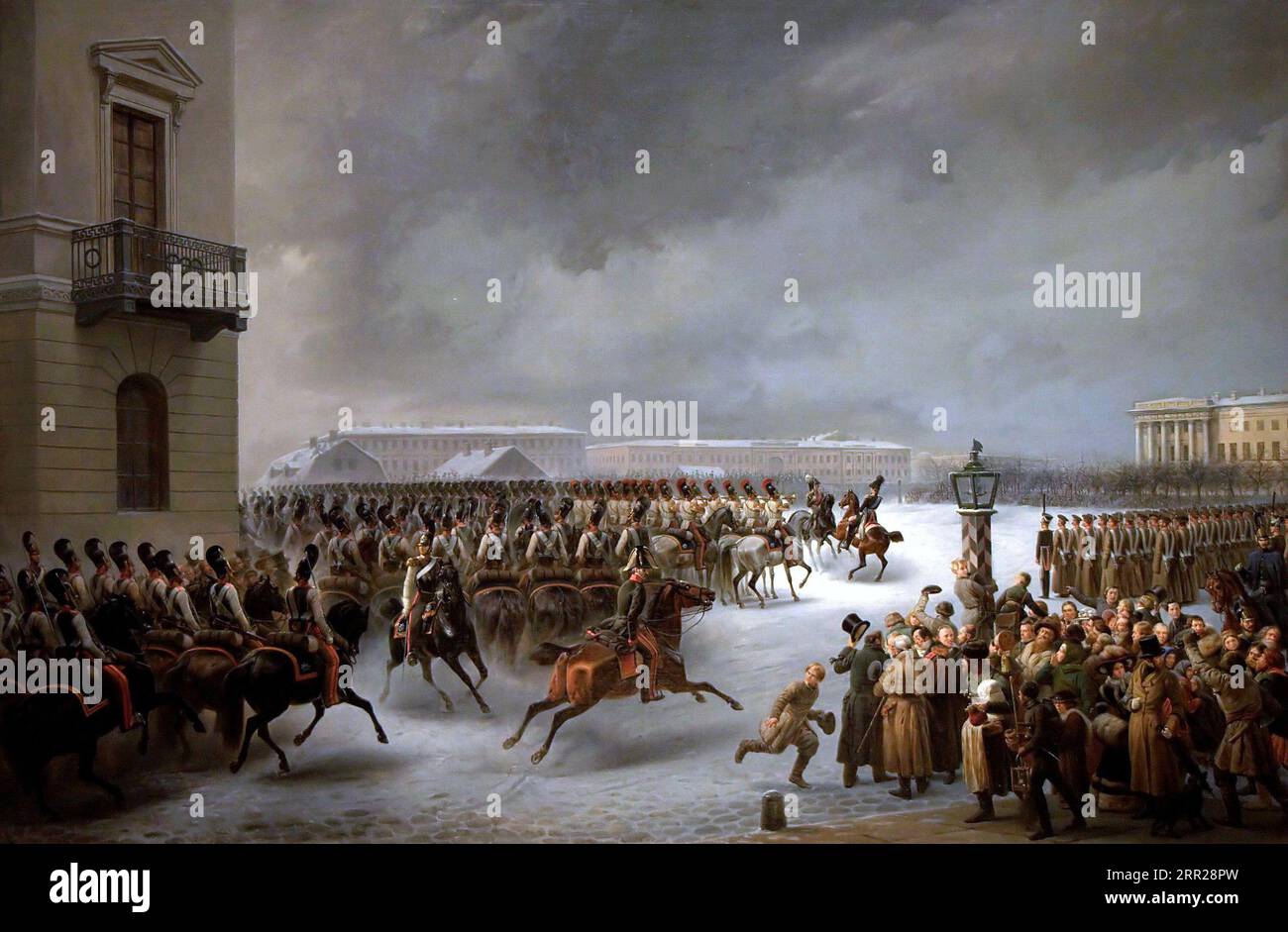 Life Guards Horse Regiment während des Aufstands am 14. Dezember 1825 auf dem Senatsplatz des 19. Jahrhunderts von Vasily Timm Stockfoto