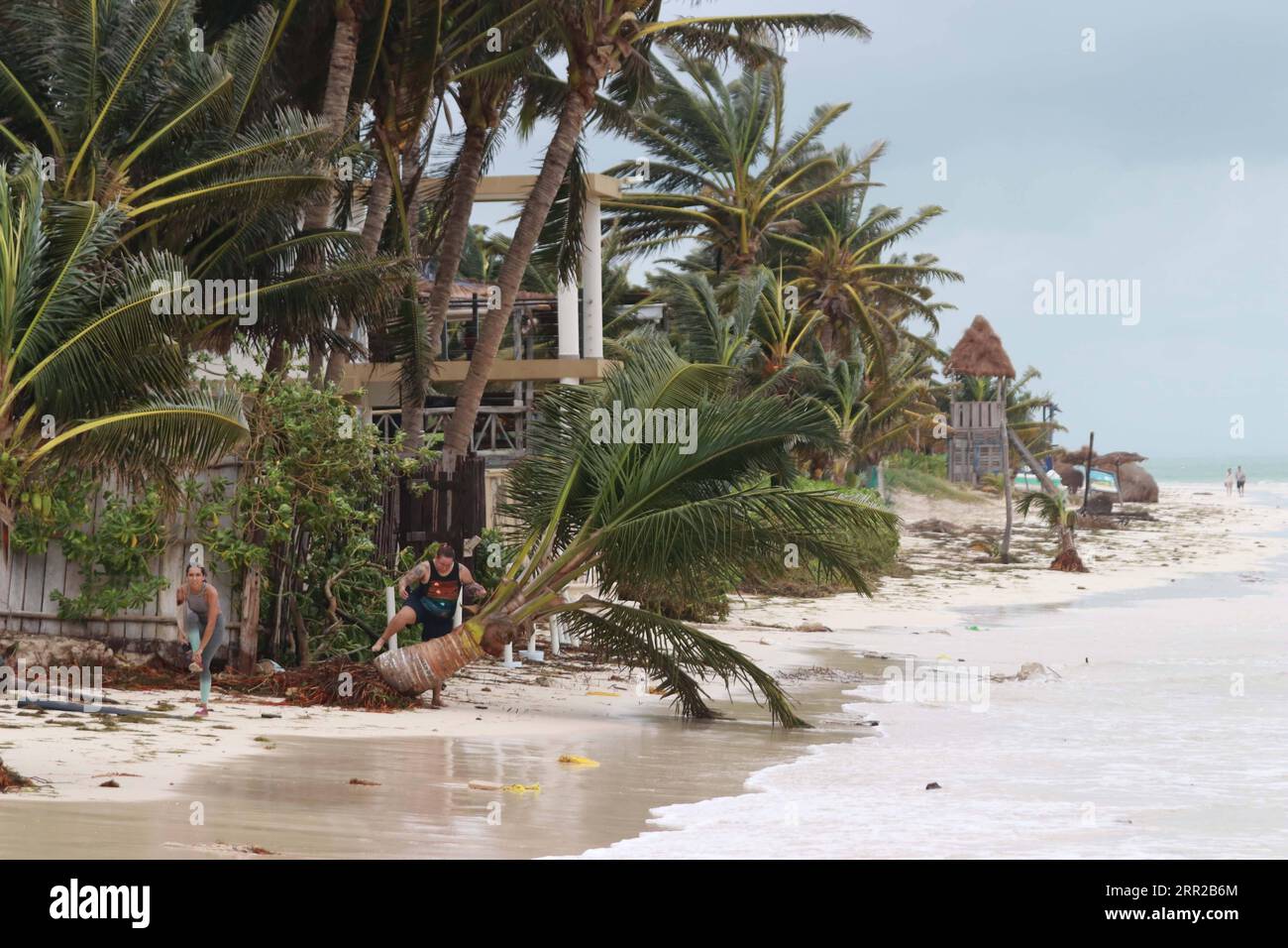 201008 -- QUINTANA ROO, 8. Oktober 2020 -- Menschen werden am Strand gesehen, nachdem der Hurrikan Delta Puerto Morelos, Quintana Roo Staat, Mexiko, 7. Oktober 2020 getroffen hat. Hurrikan Delta schwächte sich von einem Zyklon der Kategorie 4 zu einem Zyklon der Kategorie 2 ab, als es Anfang Mittwoch im mexikanischen Karibikstaat Quintana Roo landete, aber starke Regenfälle und starke Winde verursachten immer noch einige Infrastrukturschäden, sagte der National Meteorological Service SMN. Foto: /Xinhua MEXICO-QUINTANA ROO-HURRICANE DELTA IsraelxRosas PUBLICATIONxNOTxINxCHN Stockfoto