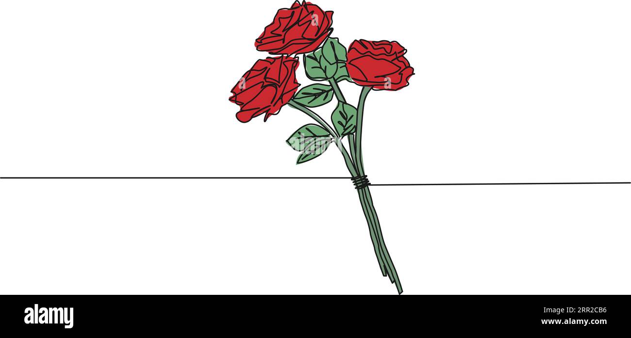 Farbige, durchgehende, einzeilige Zeichnung eines kleinen Rosenstraußes, einer Reihe von Blumen, eine kunstvolle Vektorillustration Stock Vektor