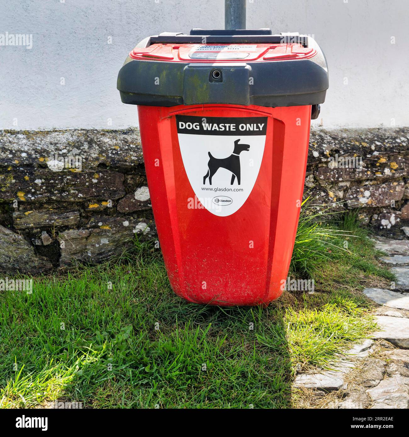 Roter Abfalleimer mit Aufschrift, nur für Hundekot, Perranporth, Cornwall, England, Vereinigtes Königreich Stockfoto