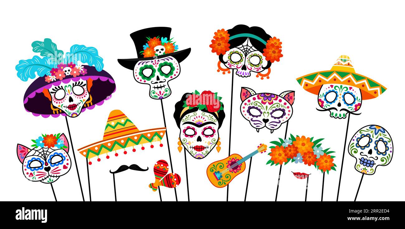 Fotostand Halloween Feiertagsmasken und Requisiten für Dia de Los Muertos, Vektor-Cartoon-Gesichter. Day of Dead Holiday Photo Stand Masken von Catrina calavera, Schädel in Sombrero, Ringelblumenkranz und Gitarre Stock Vektor