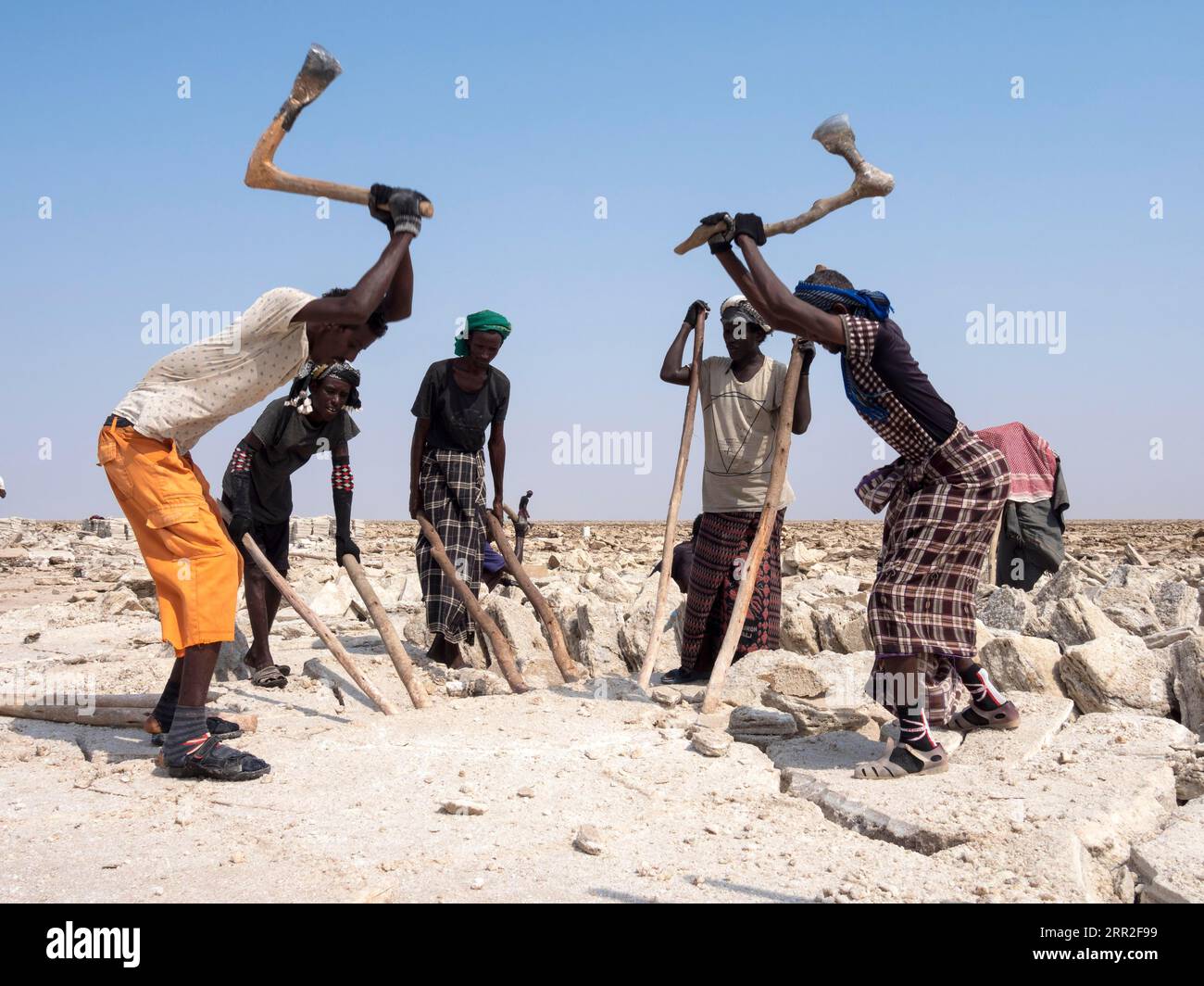 Salzgewinnung, Arbeiter, die Salz abbauen, Dallol, Danakil-Wüste, Äthiopien Stockfoto