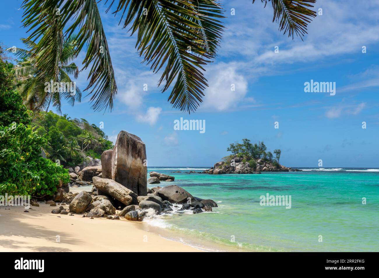 Felsen, Felsbrocken und Palmen am malerischen tropischen Sandstrand von Mahé, Seychellen Stockfoto